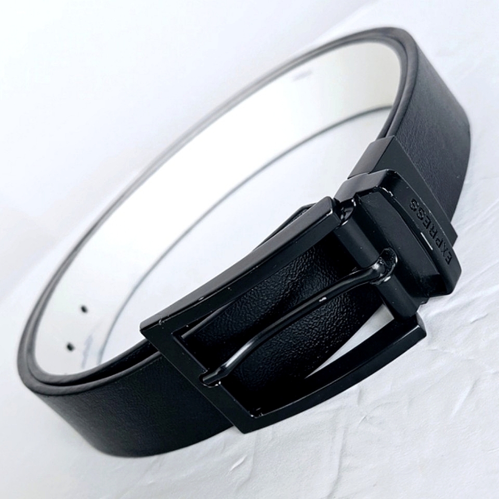 Express Men's Classic Black PU Split Leather Tectured Black Buckled Belt Sz38/39 - Picture 3 of 13